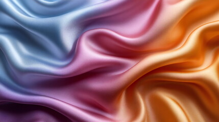 Obraz premium Elegant silk fabric drapes with a blend of blue, pink, purple, and orange colors in soft, flowing waves