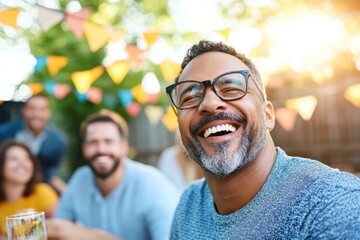Joyful gathering of friends enjoying a sunny day filled with laughter and vibrant decorations at an outdoor celebration