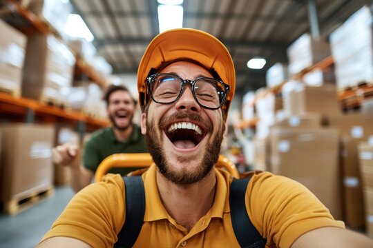 Joyful warehouse workers share a moment of laughter while transporting boxes in a bustling storage facility during the day