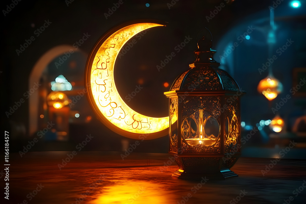 Wall mural start of ramadan with a crescent moon and a glowing lamp in the background. generative ai