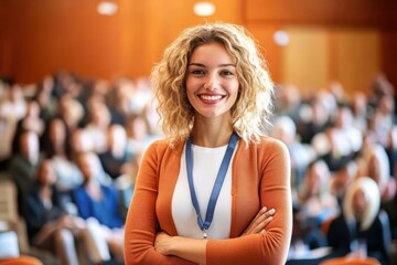 Confident young woman stands in front of an engaged audience during a dynamic conference in a modern venue