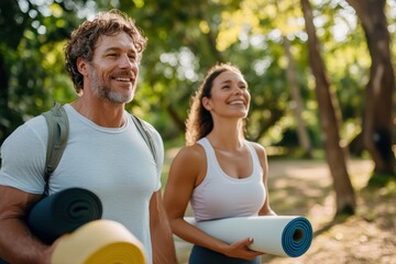 Joyful couples embrace nature during morning yoga retreat in serene outdoor park