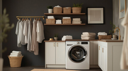 Modern laundry room with stylish organization. Clothes hang on a gold rail. Stylish baskets with towels are on shelves. Washing machine and countertop are clean. Organized laundry room design.