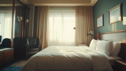 Sunlit Hotel Room Interior: Luxurious Bedroom with a Comfortable Bed and Elegant Decor