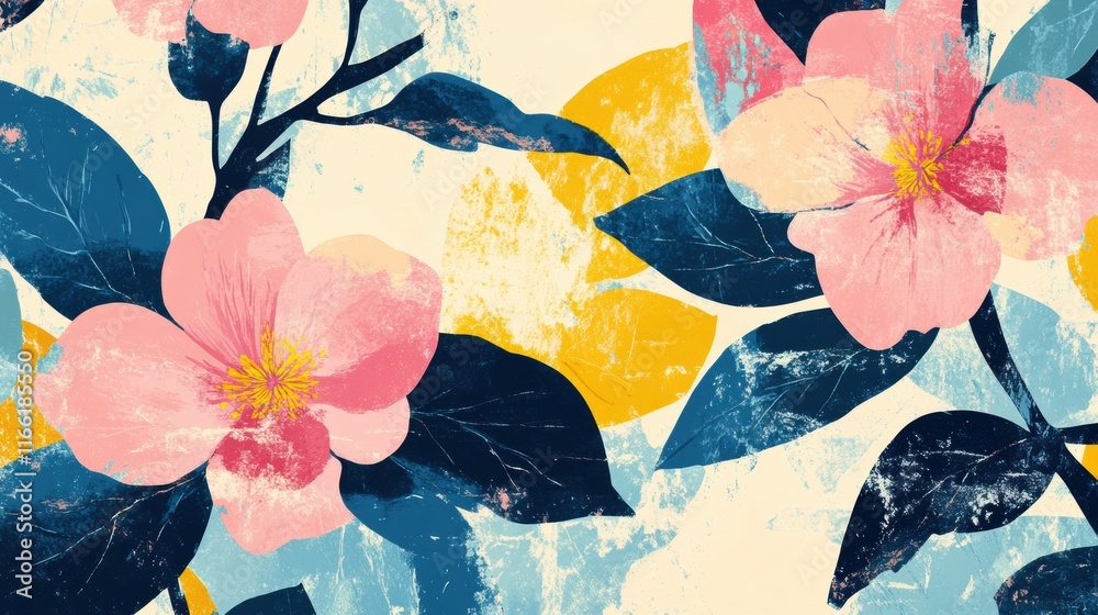 Aufkleber retro risograph inspired floral pattern featuring vivid colors and abstract shapes on a light backgr