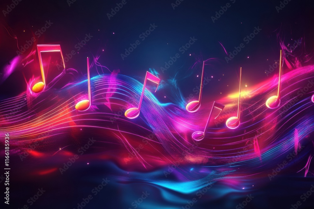 Fototapete Flowing musical staff lines in vibrant neon tones create a dynamic sense of movement and rhythm in a colorful digital artwork. Generative AI