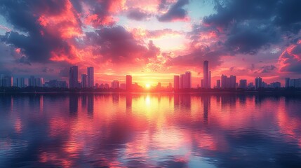 Naklejka premium Sunset Cityscape Reflection