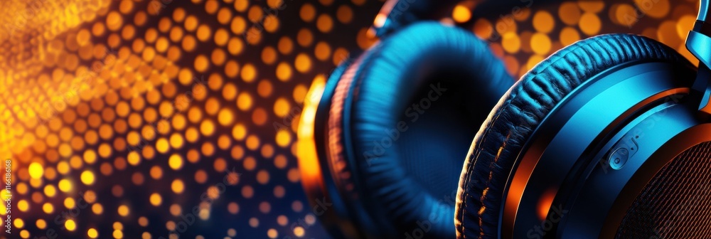 Poster Close up view of sleek headphones with vivid lighting effects highlighting modern design and sound experience quality. Generative AI