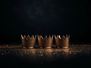 Glänzende Kronen mit funkelnden Lichtern auf dunklem Hintergrund, heilige drei Könige

