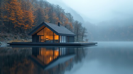 Fototapeta premium Misty Lake House Reflection