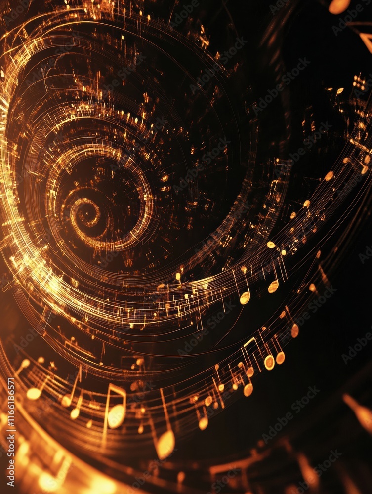 Poster 3D swirling music notes creating a captivating visual in golden tones on a dark background. Generative AI