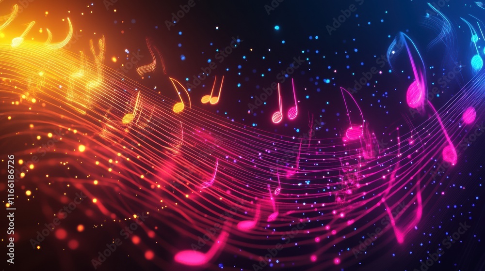 Fototapete Dynamic display of vibrant music notes swirling through colorful waves in a modern 3D design. Generative AI