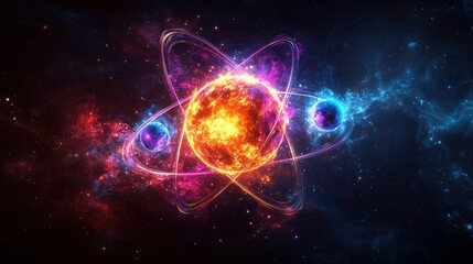 Fiery atomic structure glowing in vibrant nebula.