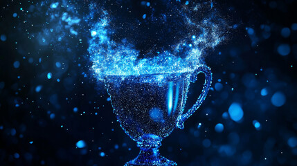 Award of blue glowing dots. Sports Cup of particles. Vector illustration