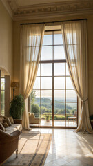 Fototapeta premium Grand living room with floor-to-ceiling windows and countryside view