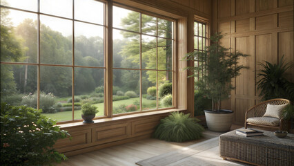 Fototapeta premium Elegant sitting area with large windows overlooking lush garden