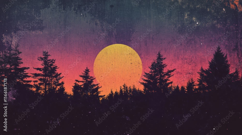 Aufkleber retro risograph inspired sunset over a forest under a colorful sky in twilight. generative ai