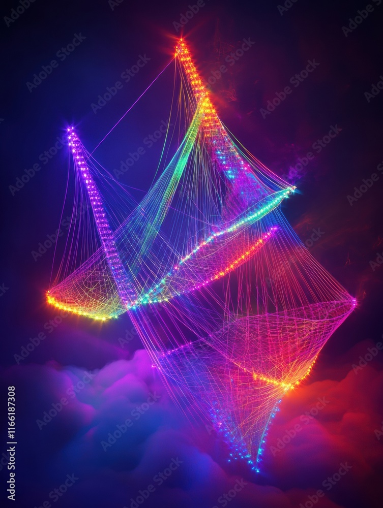 Poster Colorful 3D abstract light design floating above misty background with vibrant hues and glowing patterns. Generative AI