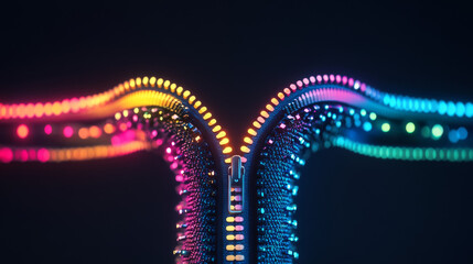 Naklejka premium Silhouette of a zipper made of glowing, multi colored dots, resembling stars. The vibrant particles form the interlocking teeth, symbolizing connection, functionality, and seamless joining of parts.