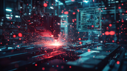 Obraz premium Hologram welder. Digital and technological welder background. Futuristic welding design