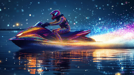 Silhouette of a jet ski made of glowing, multicolored dots, resembling stars. The particles form its dynamic shape, symbolizing speed, adventure, and the thrill of water sports.
