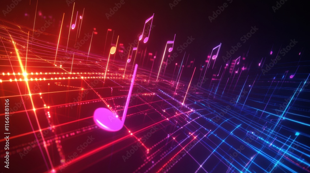 Aufkleber colorful 3d representation of music notes and sound waves in a vibrant digital landscape. generative