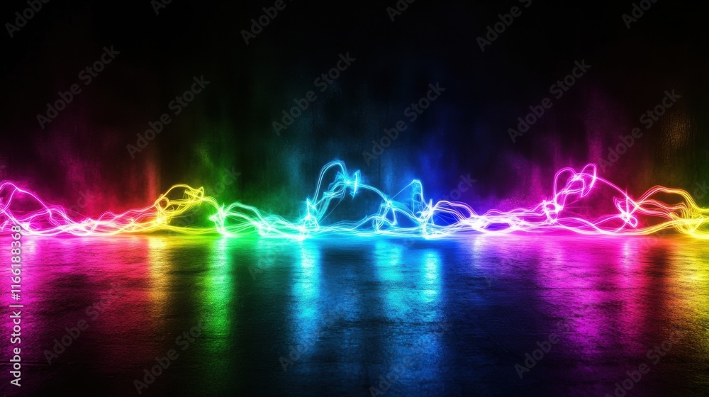 Aufkleber Glowing neon lines create vibrant abstract patterns against a dark background reflecting energy and motion at night. Generative AI