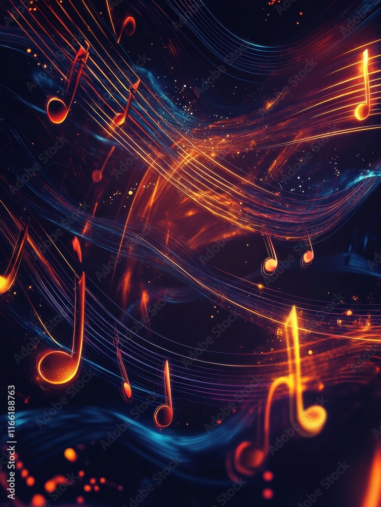 Aufkleber Glowing neon musical staff lines flow through space creating a vibrant composition that captivates the viewer. Generative AI