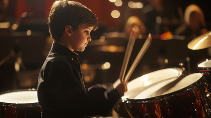 Naklejka premium Drummer of the particles. The drummer in a school orchestra. The drummer breaks down into smaller molecule