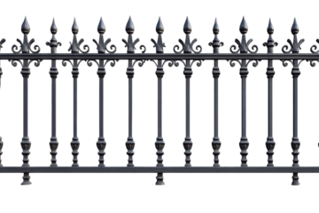 Elegant black wrought iron fence with decorative spikes set against a white background