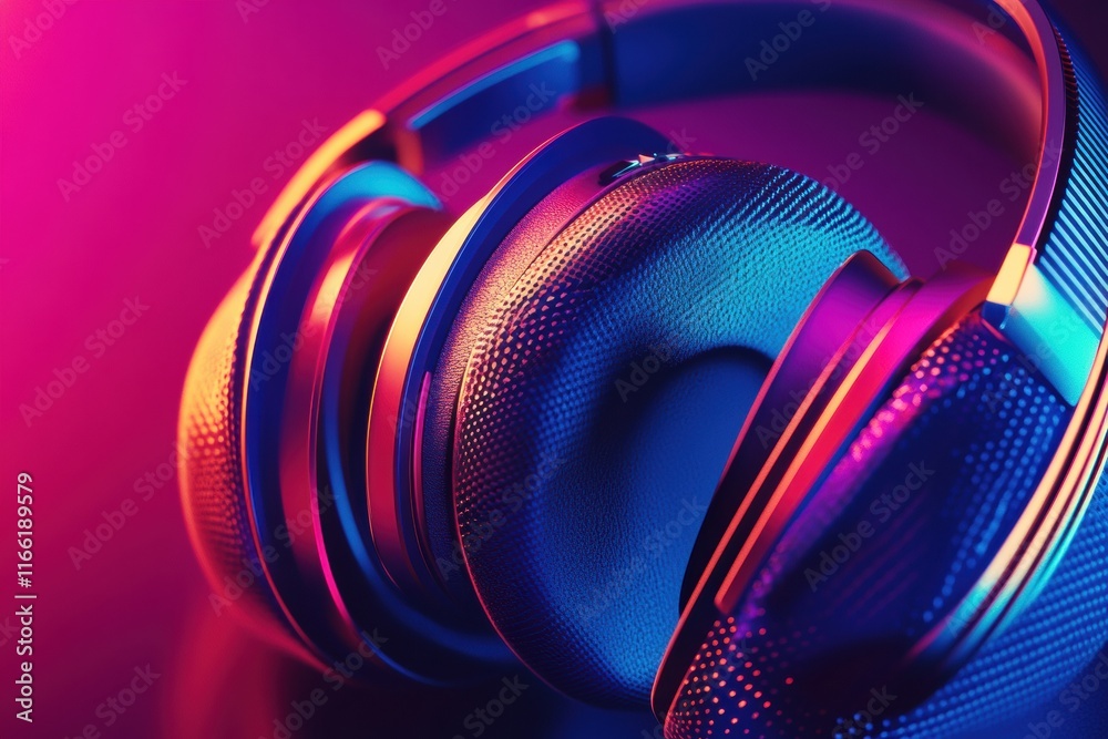 Poster close up view of modern headphones showcasing vibrant colors and detailed design elements in a creat