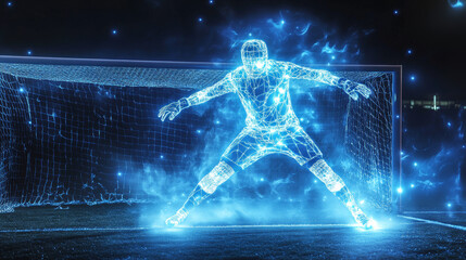 Hologram goalkeeper. Holographic projection hockey goalie. Flickering energy flux of particles. The scientific design of the sport.