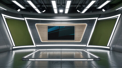 Modern 3D-rendered television studio featuring sleek futuristic design elements, including metallic textures, illuminated panels, a central display screen, and polished reflective flooring