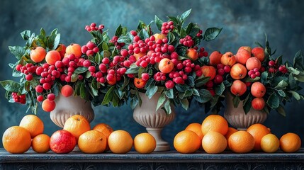 Baskets of vibrant fruits and vegetables in a rustic setting