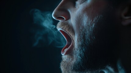 Close-up side profile of man with open mouth. Dramatic expression suggests powerful yell forceful speech. Steam vapor escapes from mouth against dark moody background. Detailed facial features, beard