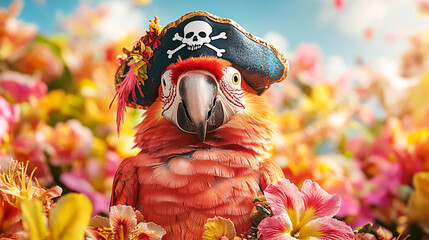 Vibrant parrot wearing a pirate hat surrounded by colorful tropical flowers in bright sunlight. International Pirate Day