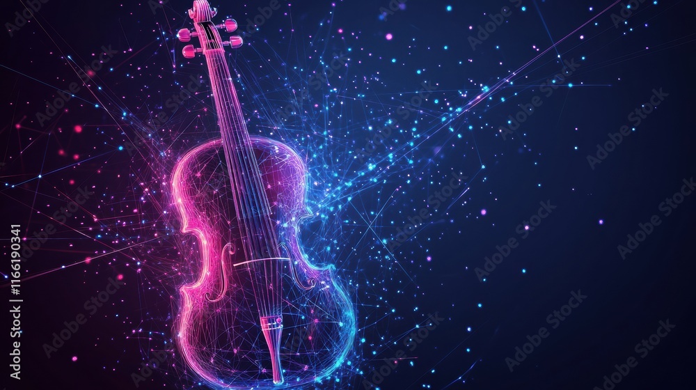 Poster vibrant 3d violin glowing with energy in a cosmic background. generative ai