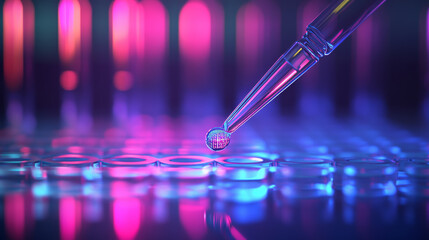 A hologram pipette. An eyedropper made of polygons, triangles of points and lines. Pipette is a low-poly compound structure. Technology concept vector.