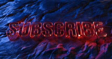 Subscribe button, Red Subscribe text on fire, Dark rocky terrain and text with flames. Cinematic abstract render