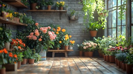 Obraz premium Cozy garden corner filled with lush plants and sunlight