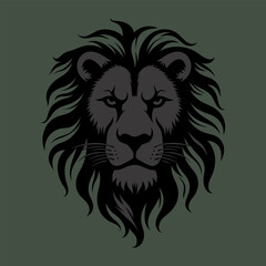 A striking black and white illustration of a lion head on fierce expression and intricate mane