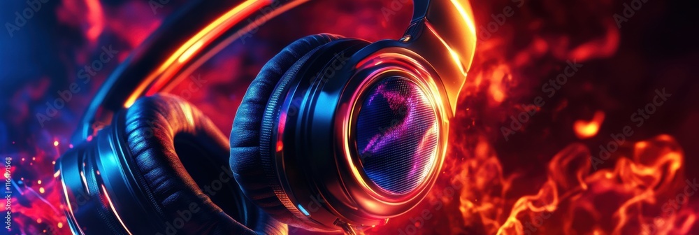Poster vibrant close up of 3d headphones with glowing accents in a colorful abstract environment. generativ