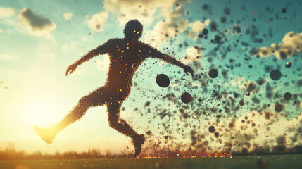 Naklejka premium Football of the particles carries in the wind. Silhouette of a football player from circles.