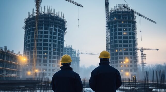 Inspectors evaluate building readiness for handover to landlord. Workers stand on construction site observing progress on modern high rise buildings. Photo shows meticulous assessment of property
