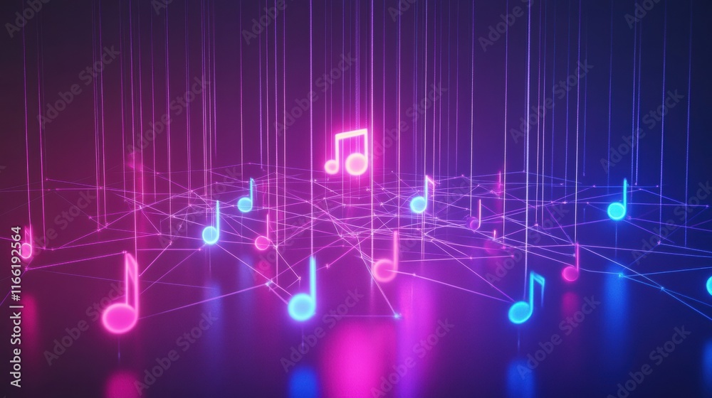 Fototapete colorful 3d musical notes floating in a digital network with a vibrant background. generative ai