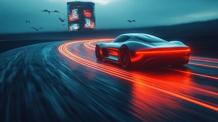 Obraz premium Futuristic car racing through a neon-lit landscape.