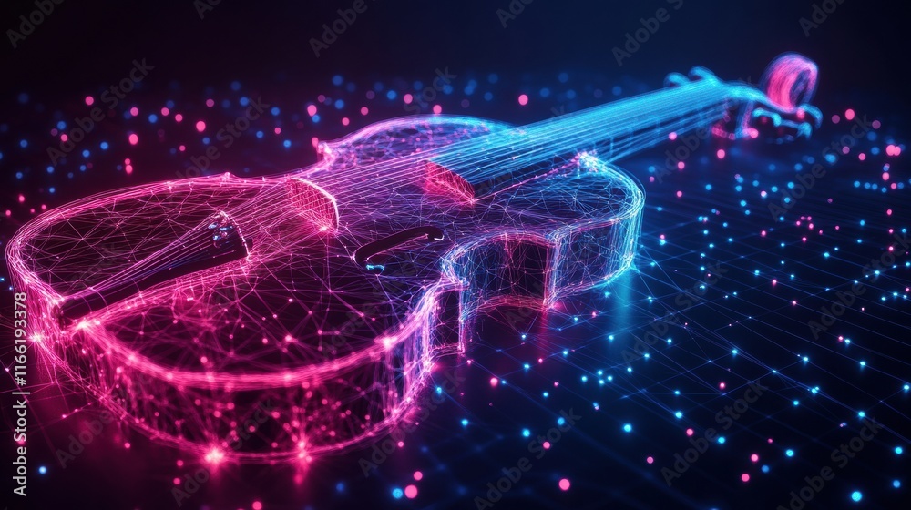 Poster Vibrant 3D digital representation of a violin illuminated with colorful lights in a cosmic setting. Generative AI