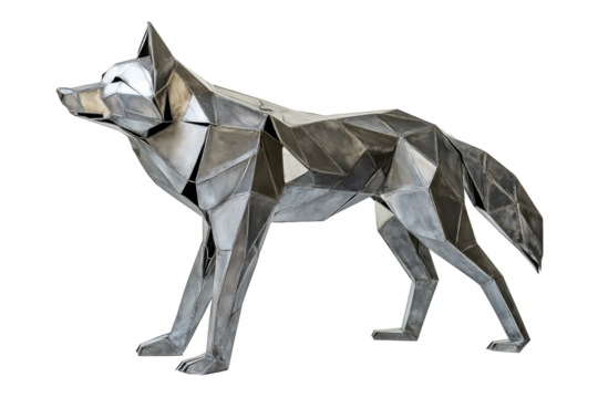 Metallic wolf sculpture showcases intricate geometric design and captivating artistry