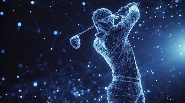 A hologram of Golf. Golfer of polygons, triangles of points and lines. Golf is a low poly connection structure. Technology concept.