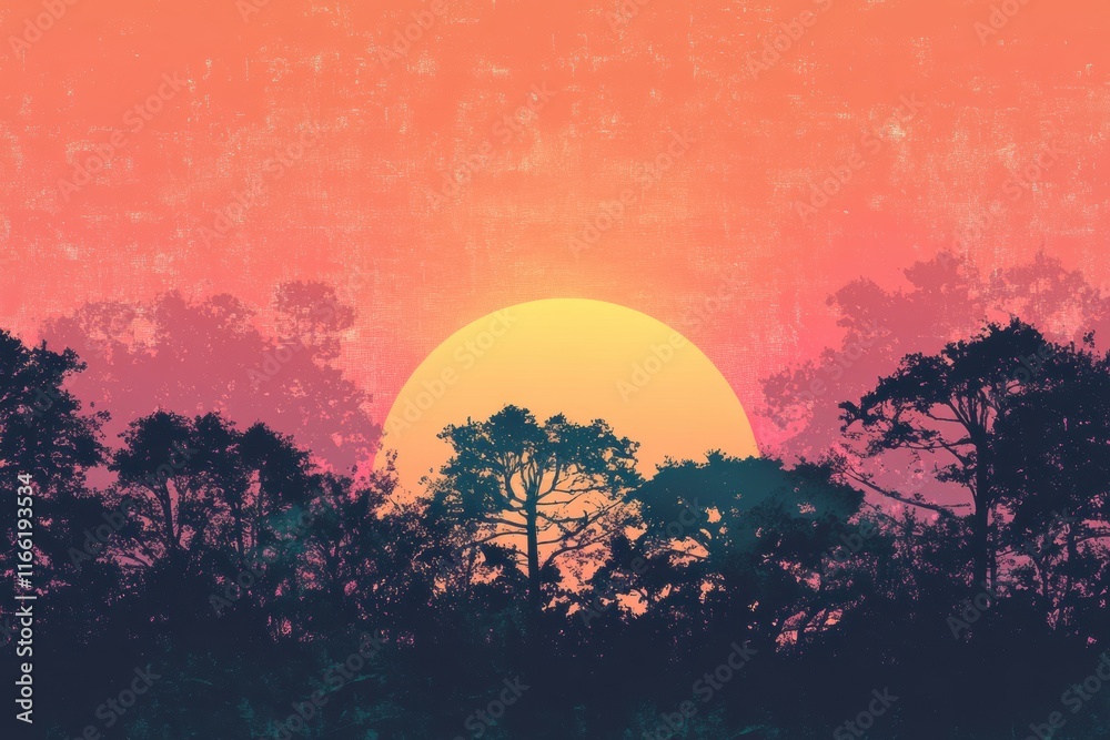 Poster Sunset over silhouette trees with vibrant colors and retro design style. Generative AI